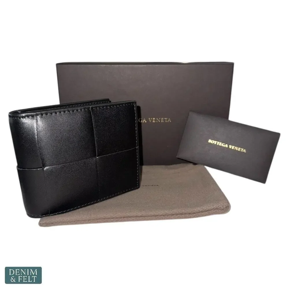 NEW Bottega Veneta Cassette Intreccio Leather Bifold Wallet Black Italy Designer